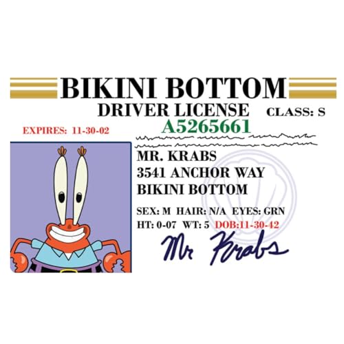 Parody Driver’s License | Mr Krabs ID | Fake ID Novelty Card | Collectible Trading Card Driver’s License | Novelty Gift for Holidays | Made in the USA