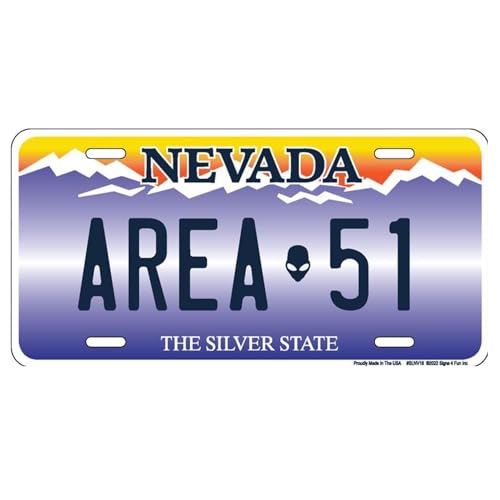 Signs 4 Fun Parody License Plate | NV Area 51 | 12” x 6” Decorative License Plate | Decoration Plate for Vehicle/Wall | Man Cave Decorations | Made in the USA