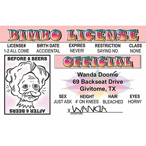 Signs 4 Fun Parody ID | Bimbo Driver’s License | Fake ID Novelty Card | Collectible Trading Card Driver’s License | Novelty Gift for Holidays | Made in The USA