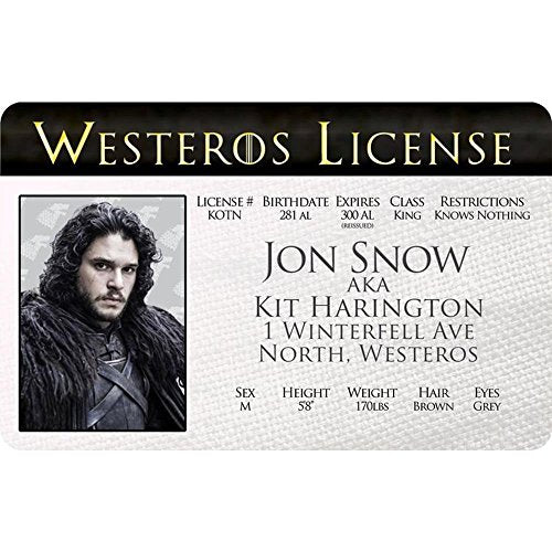 Signs 4 Fun Parody ID | GoT – Jon Snow Driver’s License | Fake ID Novelty Card | Collectible Trading Card Driver’s License | Novelty Gift for Holidays | Made in the USA