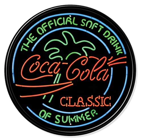 Coca-Cola Classic Neon Round Aluminum Sign with Embossed Edge - Nostalgic Vintage Metal Wall Décor - Made in USA