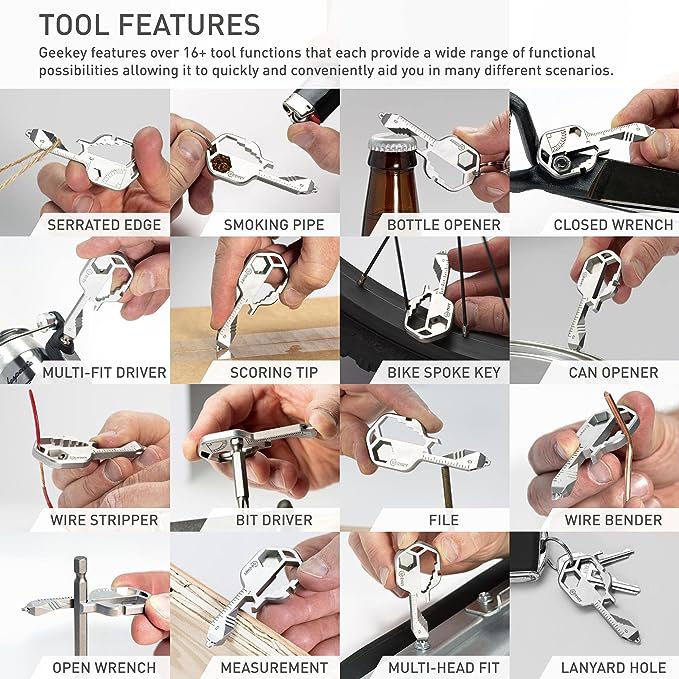 Geekey 16+ Function Multitool - Compact Stainless Steel Keychain Tool - Bottle Opener, Screwdriver, Wrench & More - TSA Approved EDC Gadget - Perfect Gift for Men & Women - Camping, DIY, Everyday Use