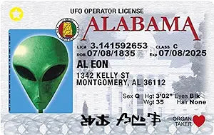 Parody Driver’s License | Alabama Alien ID | Fake ID Novelty Card | Collectible Trading Card Driver’s License | Novelty Gift for Holidays | Made in The USA