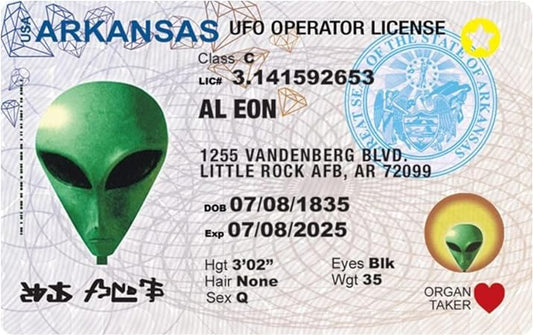 Parody Driver’s License | Arkansas Alien ID | Fake ID Novelty Card | Collectible Trading Card Driver’s License | Novelty Gift for Holidays | Made in The USA