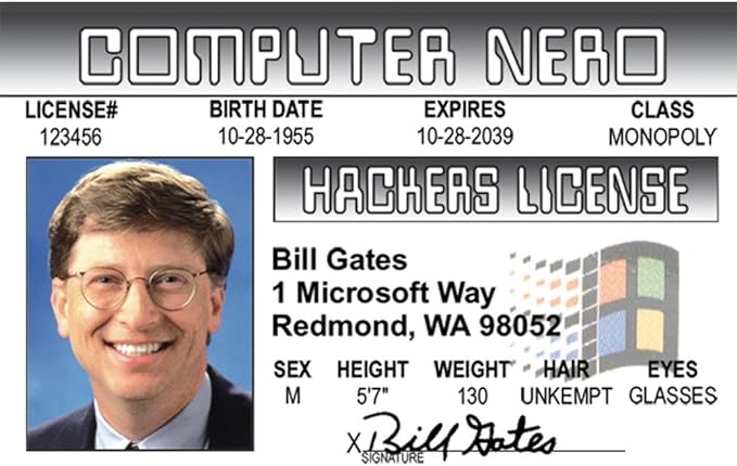 Parody Driver’s License | Bill Gates ID | Fake ID Novelty Card | Collectible Trading Card Driver’s License | Novelty Gift for Holidays | Made in The USA