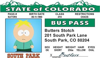 Parody Driver’s License | Butters Bus Pass ID | Fake ID Novelty Card | Collectible Trading Card Driver’s License | Novelty Gift for Holidays | Made in the USA