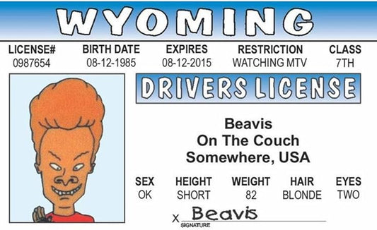 Parody Driver’s License | WY - Beavis ID | Fake ID Novelty Card | Collectible Trading Card Driver’s License | Novelty Gift for Holidays | Made in The USA