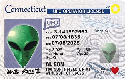 Parody Driver’s License | Connecticut Alien ID | Fake ID Novelty Card | Collectible Trading Card Driver’s License | Novelty Gift for Holidays | Made in the USA