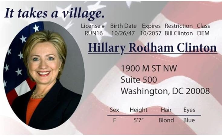 Parody Driver’s License | Hilary Clinton ID | Fake ID Novelty Card | Collectible Trading Card Driver’s License | Novelty Gift for Holidays | Made in The USA