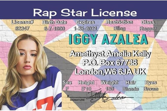 Parody Driver’s License | Iggy Azalea ID | Fake ID Novelty Card | Collectible Trading Card Driver’s License | Novelty Gift for Holidays | Made in The USA