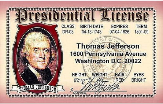 Parody Driver’s License | Jefferson ID | Fake ID Novelty Card | Collectible Trading Card Driver’s License | Novelty Gift for Holidays | Made in The USA