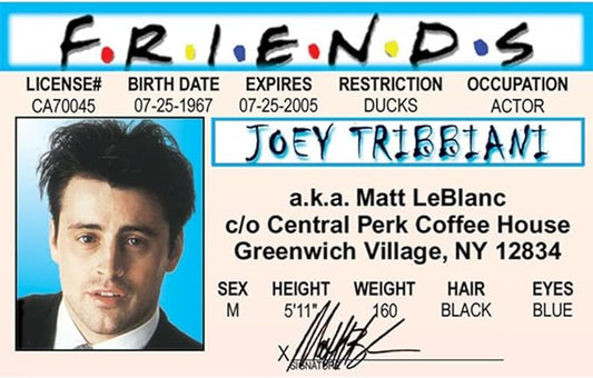 Parody ID | Friends - Joey Driver’s License | Fake ID Novelty Card | Collectible Trading Card Driver’s License | Novelty Gift for Holidays | Made in The USA