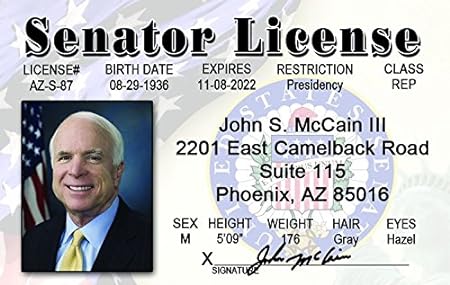 Parody ID | John McCain ID | Fake ID Novelty Card | Collectible Trading Card Driver’s License | Novelty Gift for Holidays | Made in The USA