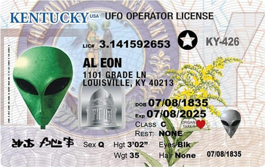 Parody Driver’s License | Kentucky Alien ID | Fake ID Novelty Card | Collectible Trading Card Driver’s License | Novelty Gift for Holidays | Made in The USA