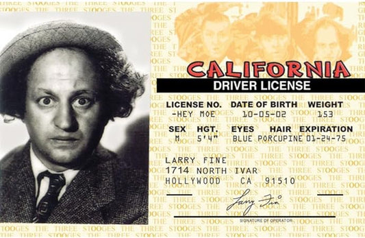 Parody ID | 3 Stooges - Larry Driver’s License | Fake ID Novelty Card | Collectible Trading Card Driver’s License | Novelty Gift for Holidays | Made in the USA