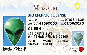 Parody Driver’s License | Missouri Alien ID | Fake ID Novelty Card | Collectible Trading Card Driver’s License | Novelty Gift for Holidays | Made in the USA