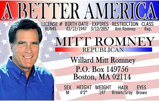 Parody Driver’s License | Mitt Romney ID | Fake ID Novelty Card | Collectible Trading Card Driver’s License | Novelty Gift for Holidays | Made in The USA