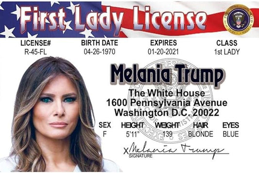 Parody Driver’s License | Melania Trump ID | Fake ID Novelty Card | Collectible Trading Card Driver’s License | Novelty Gift for Holidays | Made in The USA