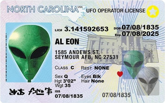 Parody Driver’s License | North Carolina Alien ID | Fake ID Novelty Card | Collectible Trading Card Driver’s License | Novelty Gift for Holidays | Made in The USA