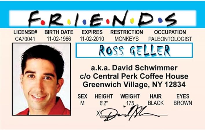 Parody Driver’s License | Friends - Ross ID | Fake ID Novelty Card | Collectible Trading Card Driver’s License | Novelty Gift for Holidays | Made in The USA