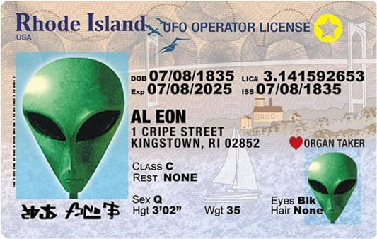 Parody Driver’s License | Rhode Island Alien ID | Fake ID Novelty Card | Collectible Trading Card Driver’s License | Novelty Gift for Holidays | Made in The USA