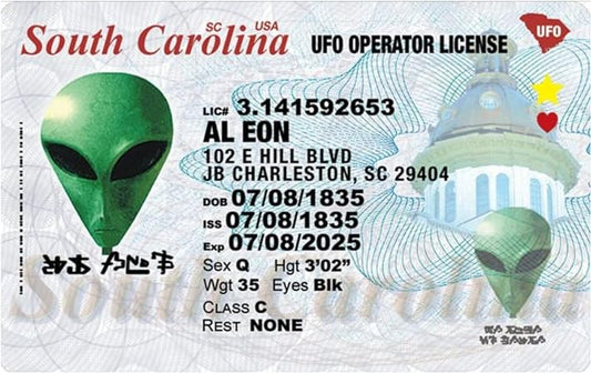 Parody Driver’s License | South Carolina Alien ID | Fake ID Novelty Card | Collectible Trading Card Driver’s License | Novelty Gift for Holidays | Made in The USA