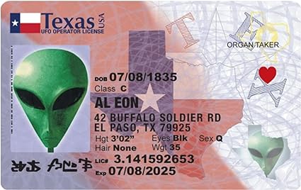 Parody Driver’s License | Texas Alien ID | Fake ID Novelty Card | Collectible Trading Card Driver’s License | Novelty Gift for Holidays | Made in the USA