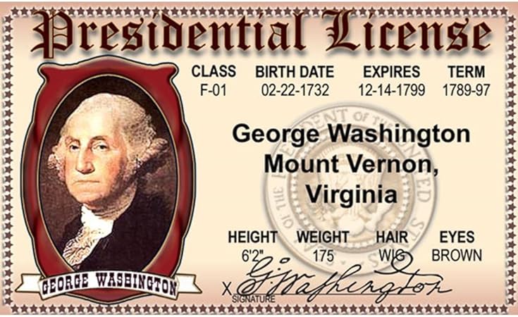 Parody Driver’s License | Washington President ID | Fake ID Novelty Card | Collectible Trading Card Driver’s License | Novelty Gift for Holidays | Made in The USA