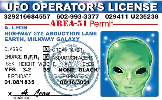 Parody Driver’s License | Alien UFO ID | Fake ID Novelty Card | Collectible Trading Card Driver’s License | Novelty Gift for Holidays | Made in The USA