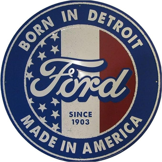 Large Round Sign | Ford Born in Detroit Sign | 24” Diameter | Embossed Aluminum Sign | Made in the USA