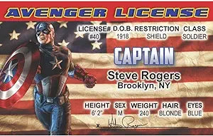 Parody Driver’s License | Captain America ID | Fake ID Novelty Card | Collectible Trading Card Driver’s License | Novelty Gift for Holidays | Made in The USA