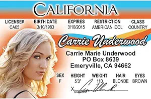 Parody ID | Carrie Underwood Driver’s License | Fake ID Novelty Card | Collectible Trading Card Driver’s License | Novelty Gift for Holidays | Made in The USA