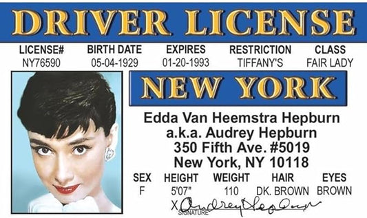 Parody Driver’s License | A. Hepburn ID | Fake ID Novelty Card | Collectible Trading Card Driver’s License | Novelty Gift for Holidays | Made in the USA