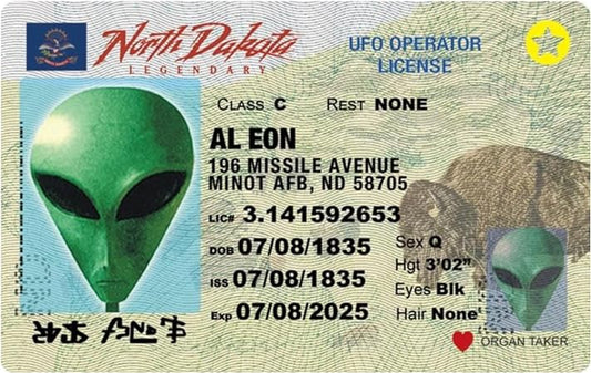 Parody Driver’s License | North Dakota Alien ID | Fake ID Novelty Card | Collectible Trading Card Driver’s License | Novelty Gift for Holidays | Made in The USA