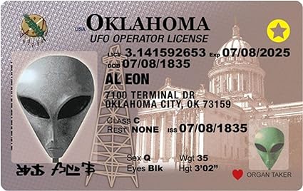 Parody Driver’s License | Oklahoma Alien ID | Fake ID Novelty Card | Collectible Trading Card Driver’s License | Novelty Gift for Holidays | Made in the USA