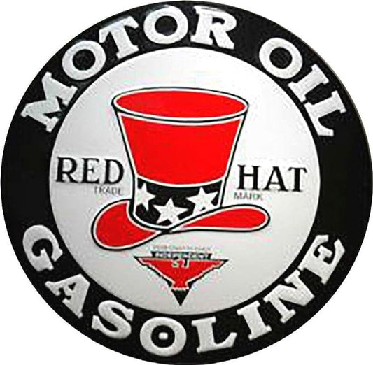 Large Round Sign | Red Hat Motor Oil Sign | 24” Diameter | Embossed Aluminum Sign | Made in the USA