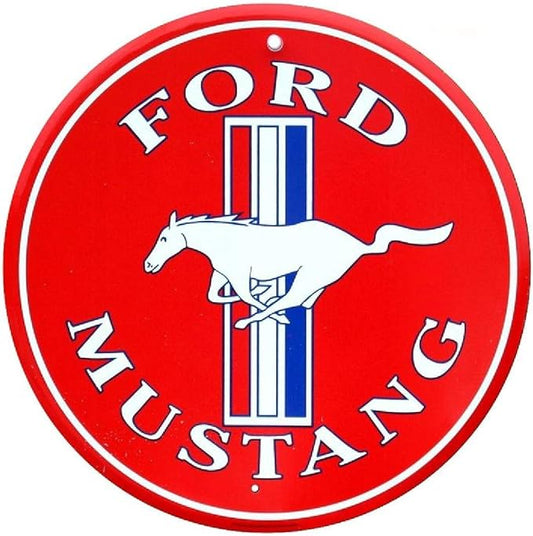 Large Round Sign | Ford Mustang Red Sign | 24” Diameter | Embossed Aluminum Sign | Made in the USA