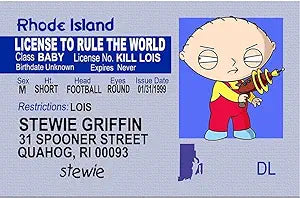 Parody ID | Stewie Driver’s License | Fake ID Novelty Card | Collectible Trading Card Driver’s License | Novelty Gift for Holidays | Made in The USA